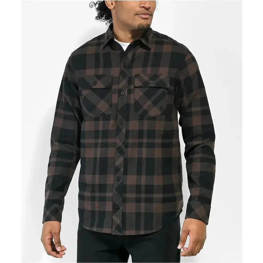 Dravus Heading Nowhere Lager Woven Brown Flannel Shirt Size Medium